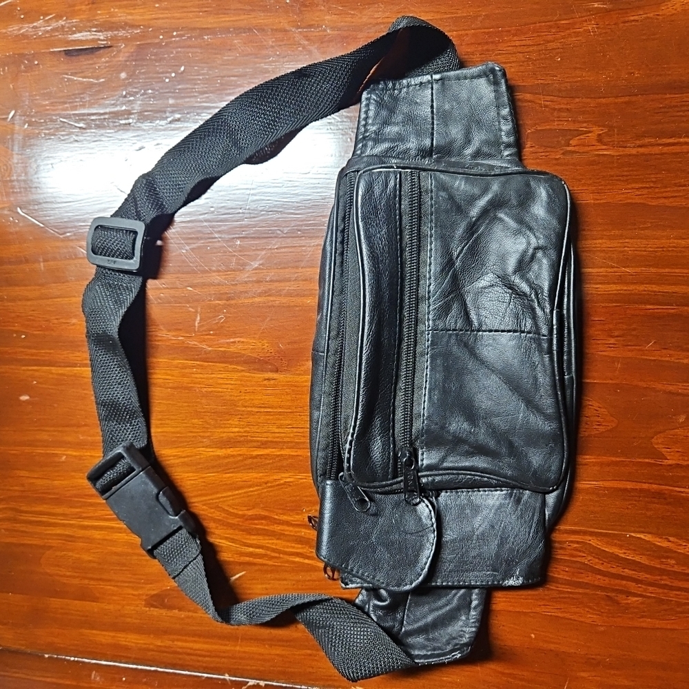 Black Leather Belt Bag with Adjustable Strap and Geometric Stitching